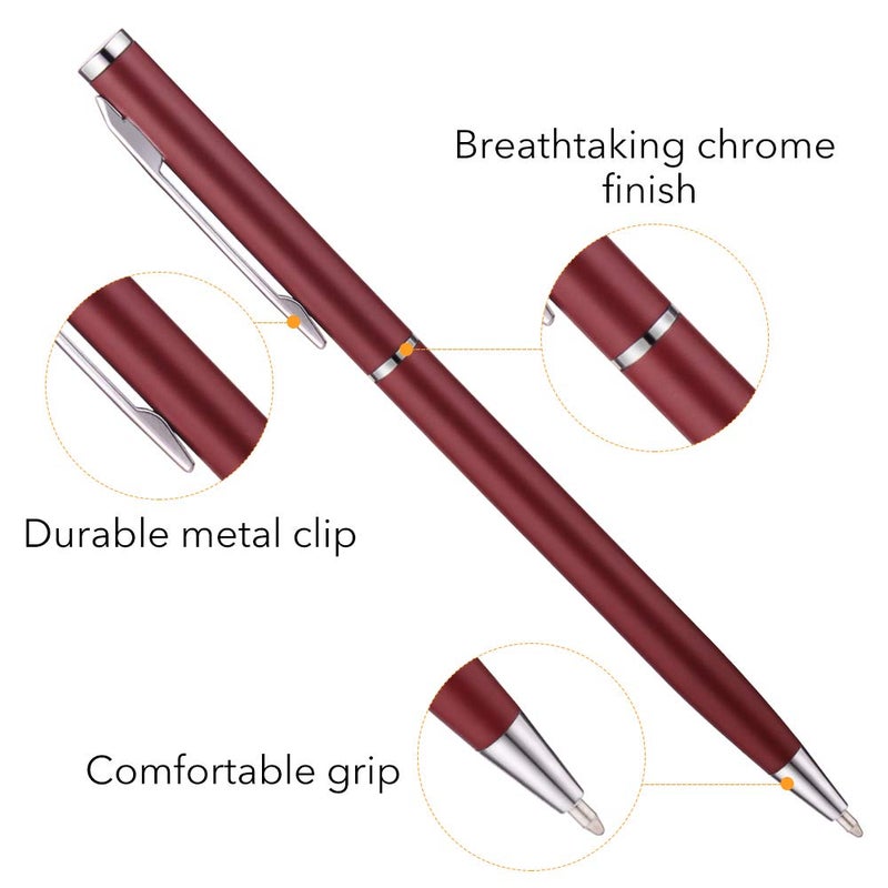 Unibene 6 Pack Slim Metallic Retractable Ballpoint Pens - Matte Burgundy Metallic Retractable, 1.0mm Medium Point Black Ink with 6 Stainless Steel Refills for Business Office, Gift - Image 4